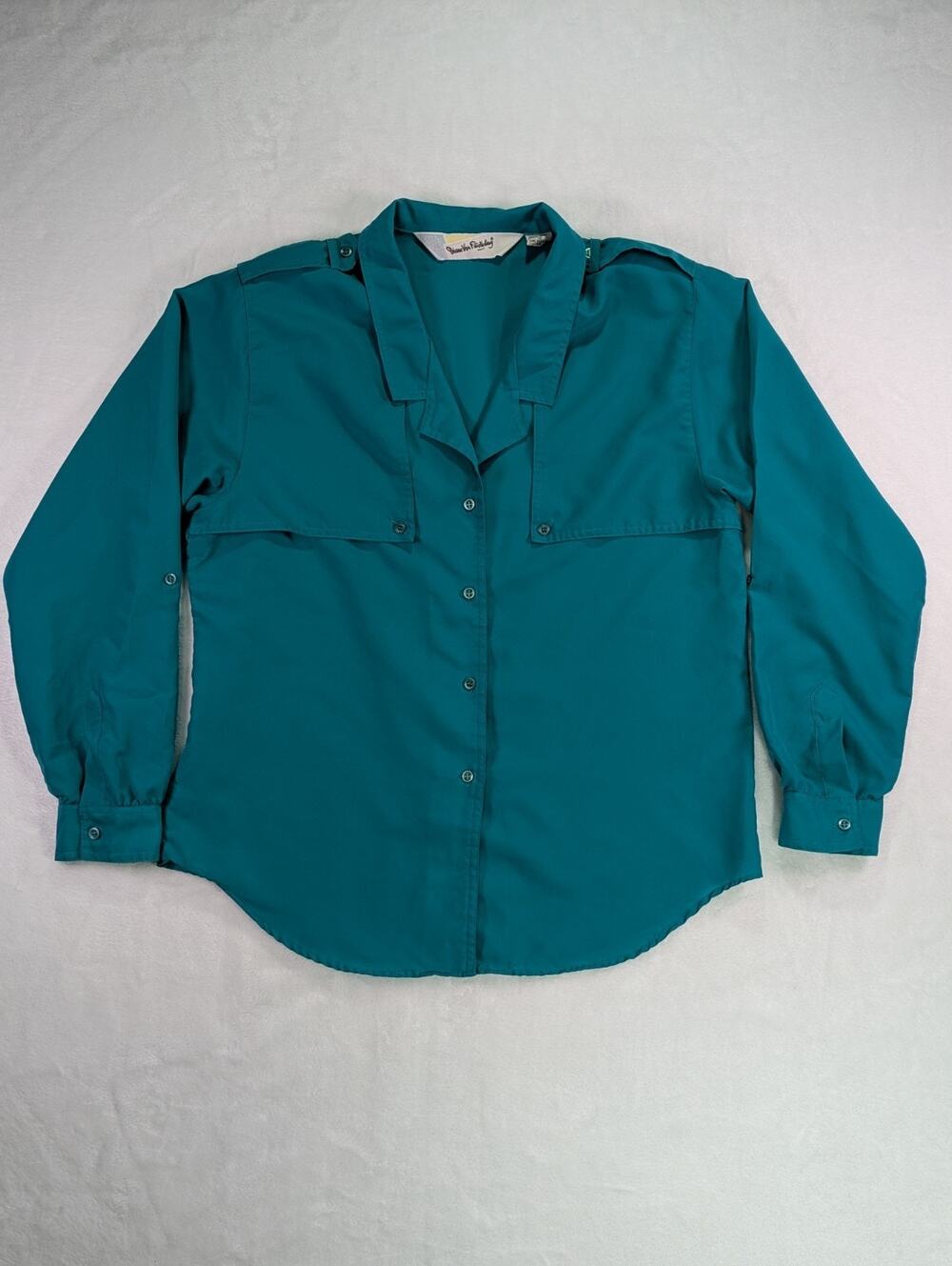 Dianne Von Furstenberg Size 12 Teal Green Safari Style Button Up Blouse VTG 80's